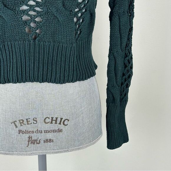 Express Dark Green Cable Knit Open Weave Sweater SZ XS Mock Neck Cropped - Picture 6 of 9